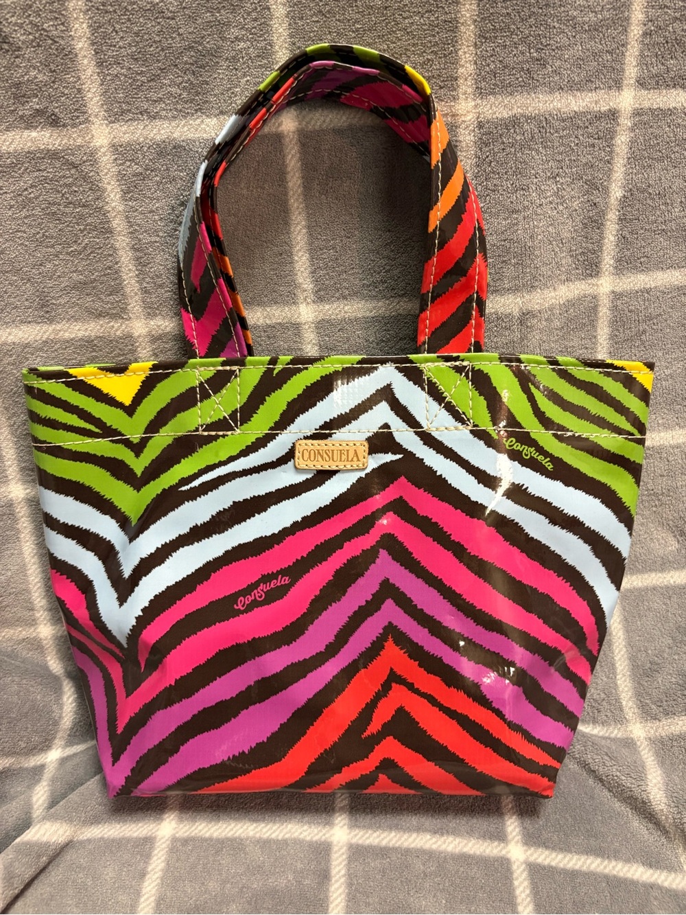 Consuela Zebra Stripe Mini Grab n Go Tote Pink, Green, Red, Yellow, Light Blue